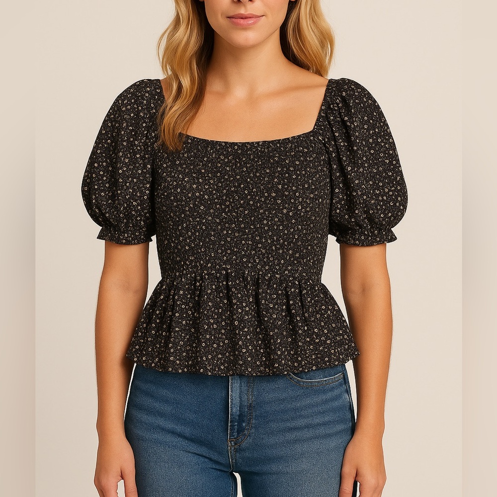 Black Floral Smocked Puff Sleeve Peplum Blouse | Size M | Romantic Fall Top
